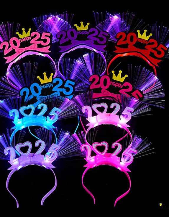 1PC 2025 Happy New Year LED Light Up Headband Bow Crown Hair Hoop Flashing Hair Band Christmas New Year's Eve Party Photo Props