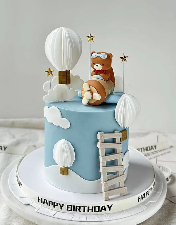 Flight Theme Cake Decoration Cartoon Pilot Bear Balloons Stars for Kids Boy Happy 1st Birthday Cake Topper Baby Shower Party