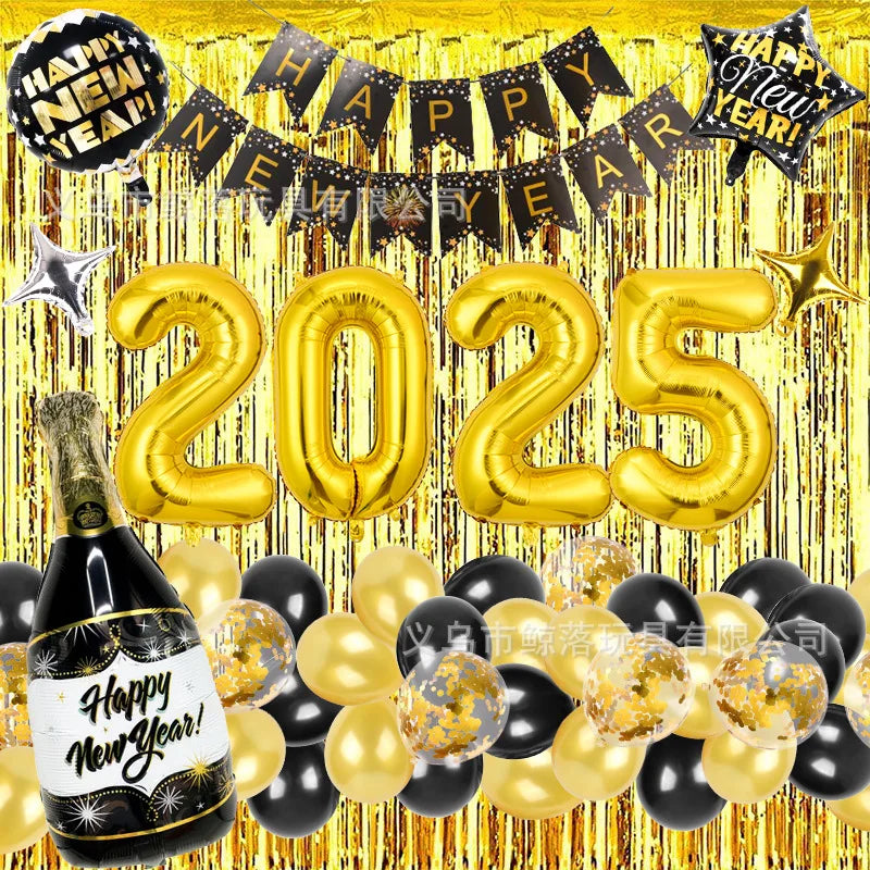 Happy New Year 2025 Balloons Gold Number 2025 Foil Balloons Happy New Year Letters Balloon Banner Gold New Years Eve Party Decor