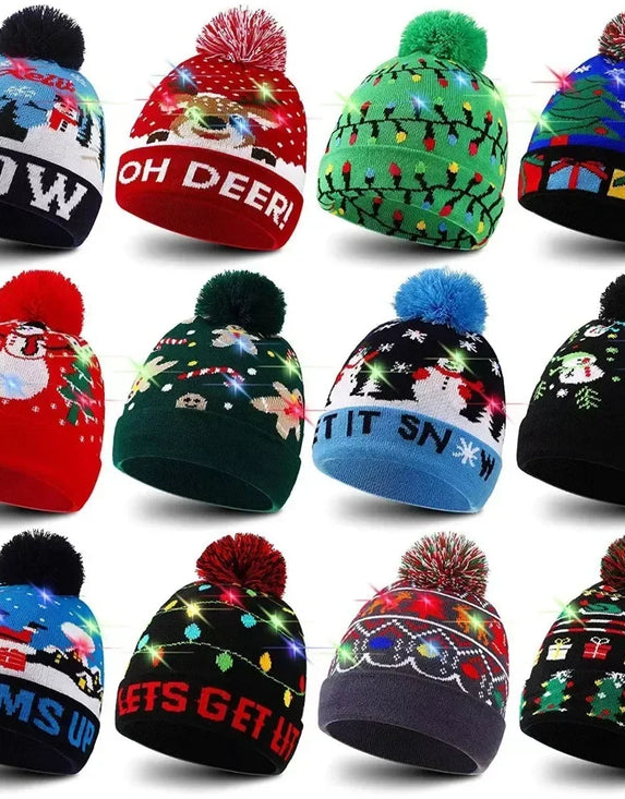 LED Christmas Knitted Hat Light Up Xmas Beanie Cap Unisex Winter Beanie Sweater Hat with Colorful LEDs for Christmas New Yea