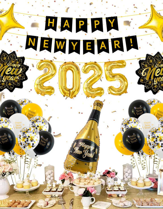 2025 balloon new year balloon set, happy new year banner, wine glass, new year leaf balloons for new year party decoration