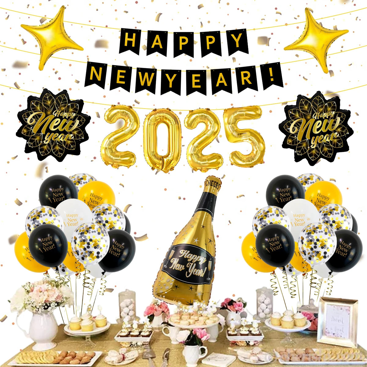 2025 balloon new year balloon set, happy new year banner, wine glass, new year leaf balloons for new year party decoration