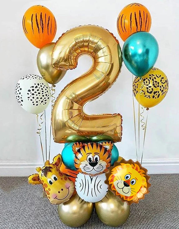 18Pcs Jungle Animal Balloons Set Chrome Metallic Latex Balloon 32inch Gold Number Globos Kids Birthday Party Baby Shower Decor