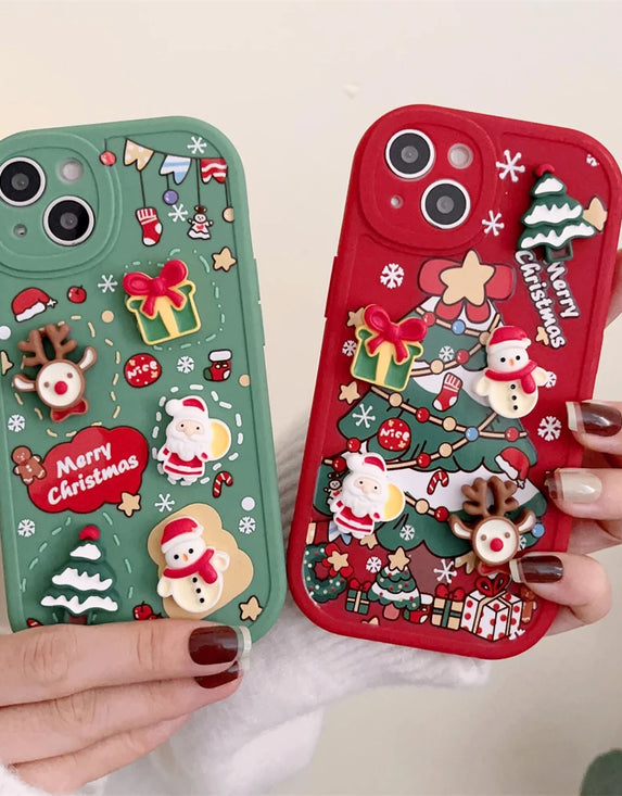 Cute Cartoon 3D Santa Claus Elk Snowman Christmas Tree Soft Case For iPhone 16 15 14 Pro Max 13 12 11 X XS XR 8 Plus Back Cover