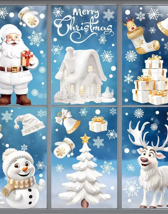 9pcs/set Christmas Window Stickers Santa Claus Xmas Tree Snowflake Glass Decal 2025 New Year Home Decoration Navidad 2024 Gifts