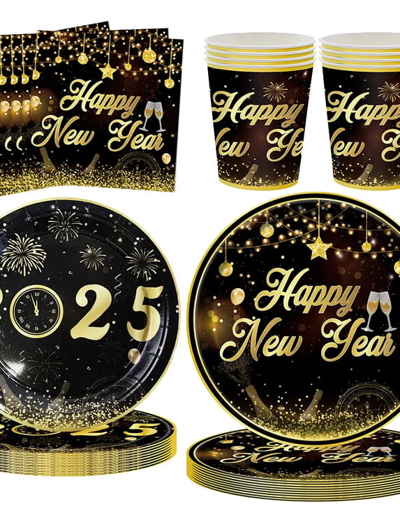 New Years Eve Tableware 2025 Gold and Black Disposable Paper Plates Cups Napkins New Year Decors 2025 New Year Party Supplies