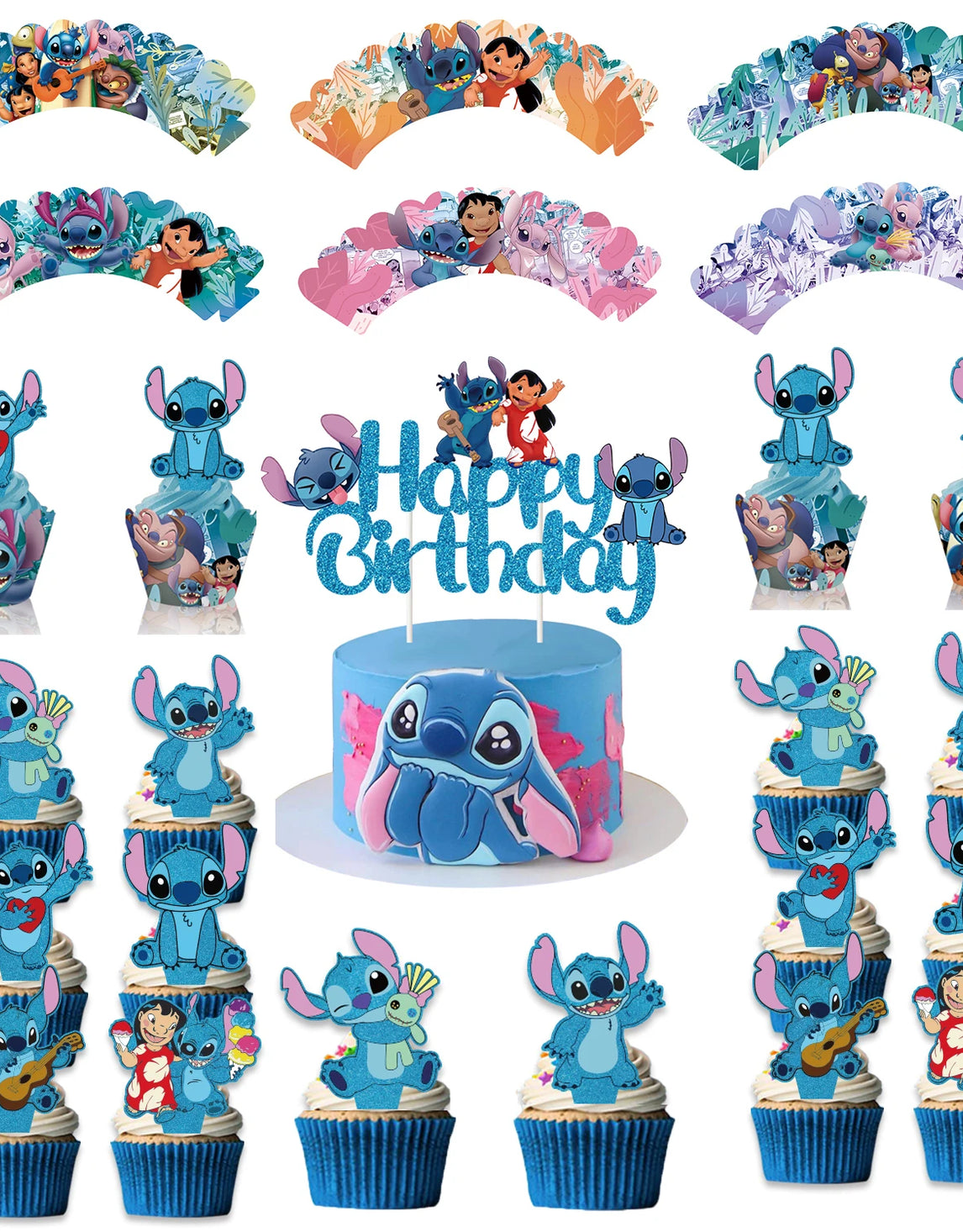 Disney Lilo &Stitch Cupcake Wrappers Glitter Cake Topper Muffin Case Trays for Wedding Birthday Party Decoration For Girls