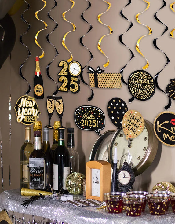 1Set New Year Eve Party Decoration Spiral Hanging Banner Black Gold Hello 2025 Christmas Party Supplies Photo Booth Props Gift