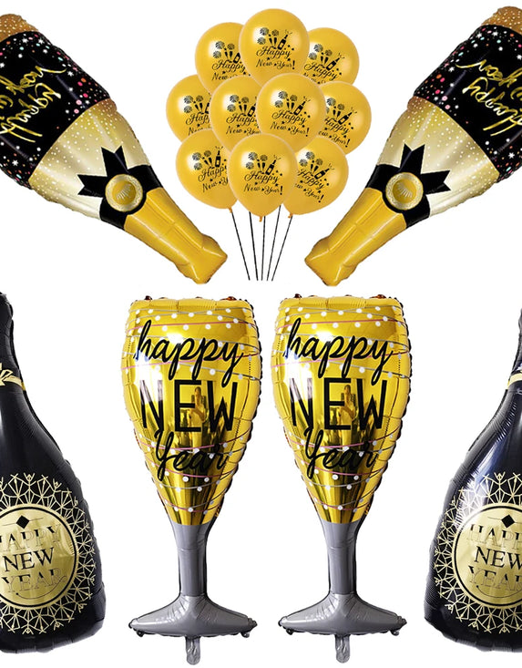 Happy New Year Champagne Bottle Balloons Wine Glasses Balloon Happy New Year Balloons 2025 New Years Eve Decorations Supplies