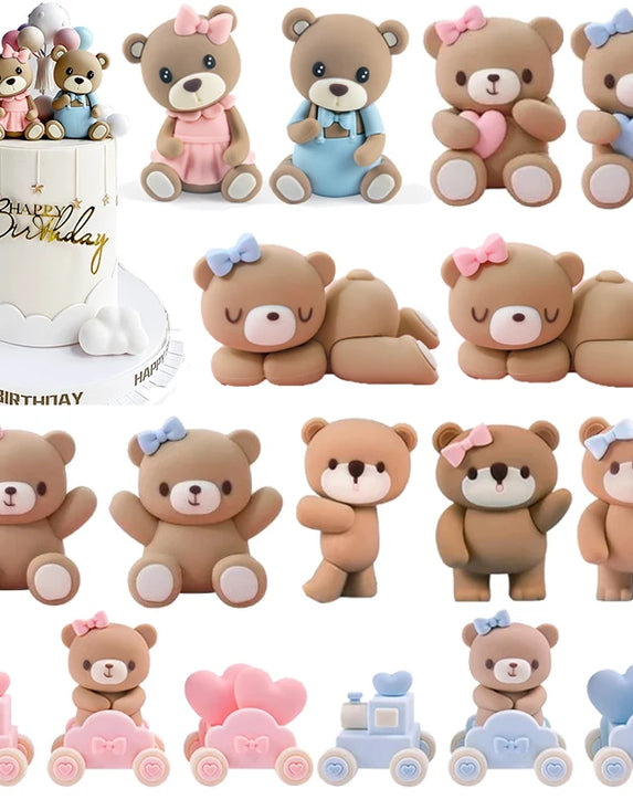 New 3D Pink Blue Bear Cake Topper Cute Mini Bear Doll Cake Decoration Boy Girl Birthday Party Gender Reveal Baby Shower Supplies