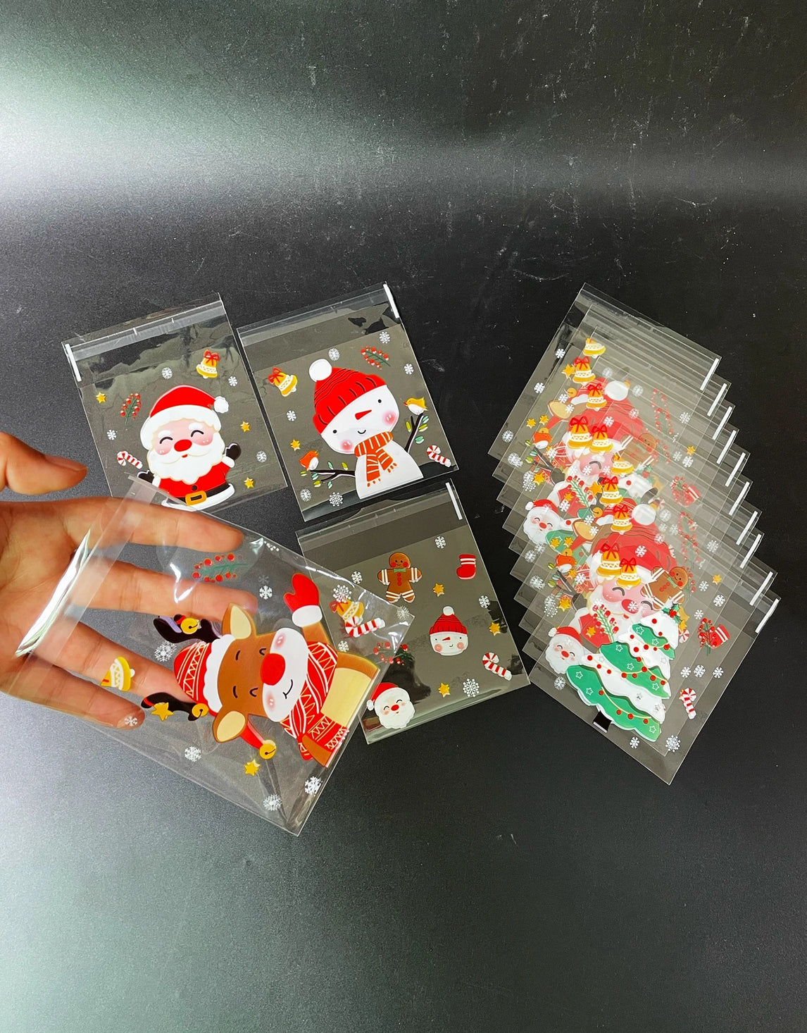 100pcs Cute Santa Christmas Tree Pattern Transparent OPP Self-sealing Bag, Christmas Party Gift Stationery Decorative Cookie Bag