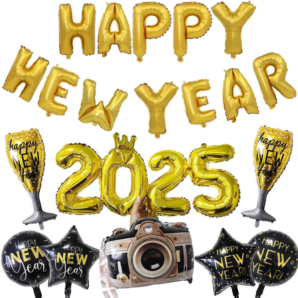 Happy New Year 2025 Balloons Gold Number 2025 Foil Balloons Happy New Year Letters Balloon Banner Gold New Years Eve Party Decor