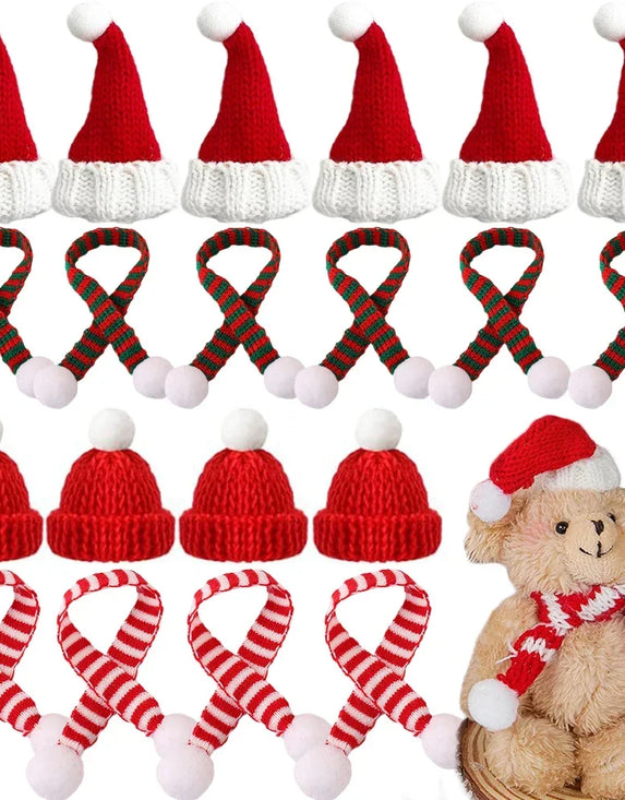 Mini Christmas Knitted Hat & Scarf Small Santa Costume for Cat Rabbit Doll Lollipop Bottle Cap DIY Xmas Party Dinner Decoration