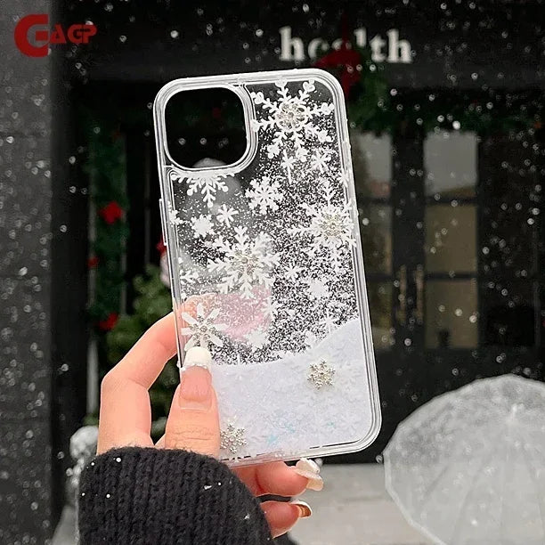 Autumn Winter Quicksand Glitter Case for iPhone 16 15 14 13 12 11 Pro Max Plus 3D Snowflake Transparent Camera Protector Cover