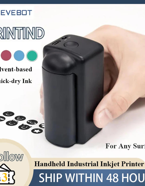 EVEBOT PRINTIND Portable Handheld Industrial Inkjet Printer Bluetooth Wireless Smart Mini Printer Quick-dry Ink (Permanent Ink)