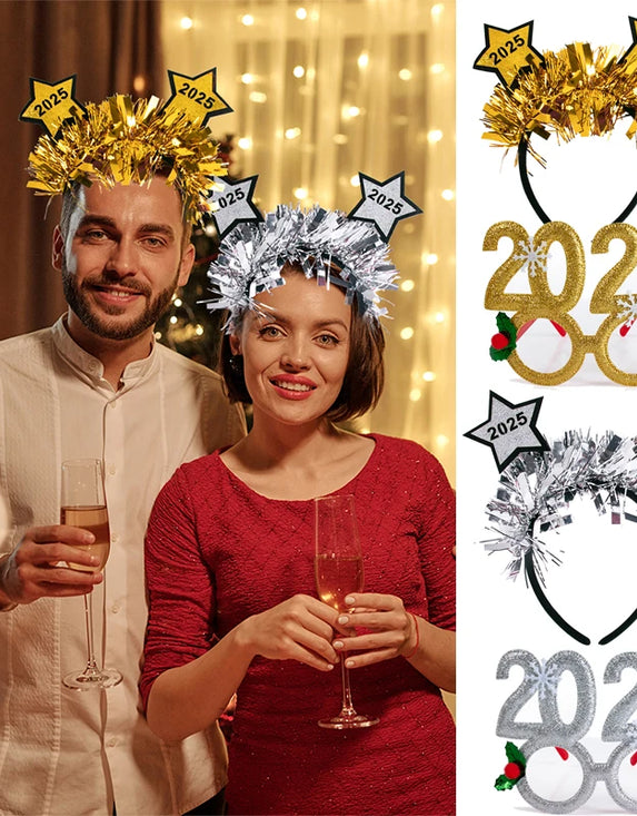 Silver Gold Happy New Year Headband Glitter Glasses Frame 2025 Tinsel Headband New Year's eve Photo Props New Year Party Gift