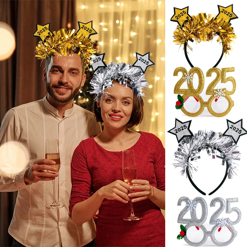 Silver Gold Happy New Year Headband Glitter Glasses Frame 2025 Tinsel Headband New Year's eve Photo Props New Year Party Gift