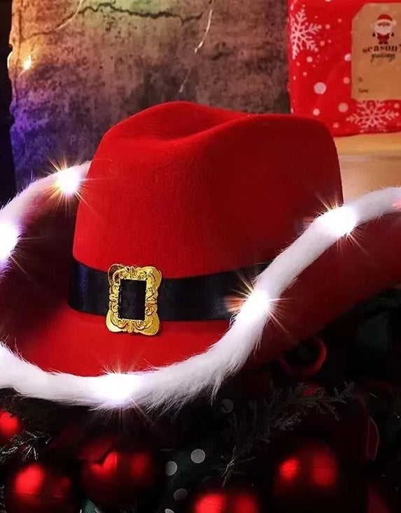 Fashion Santa Claus Party Christmas Luminous Cowboy Hat Western Red Felt Hats Wide Brim Cowgirl Hat Jazz Hat for Women Men