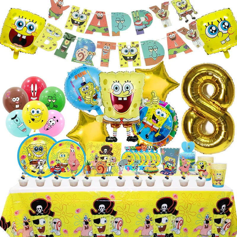 SpongeBob Birthday Party Decoration Aluminum Foil Balloon For Kid Event Supplies Disposable Tableware Banner Backdrop Gift