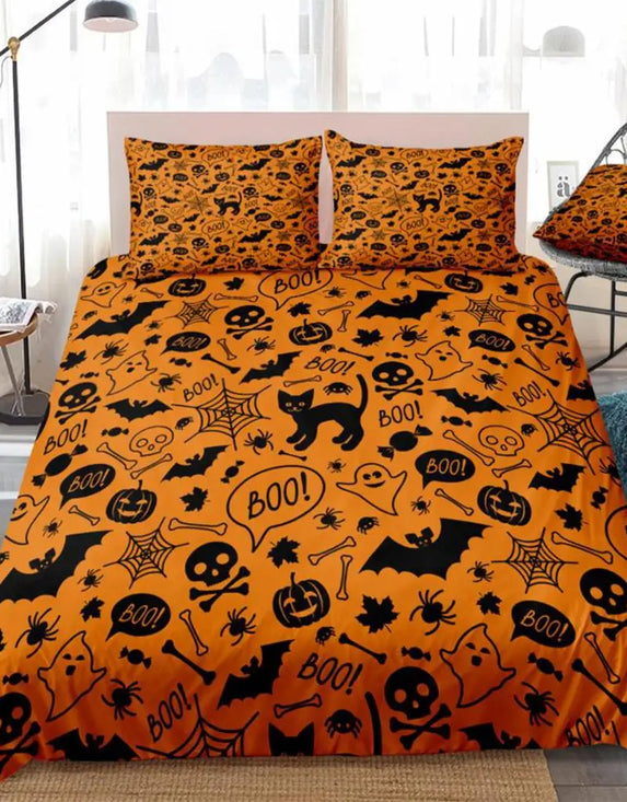 3pcs Halloween Bedding Set Orange Quilt Cover Bats Skull Duvet Cover King Dropship Spider Bed Set Black Cartoon Kids Boys Girls