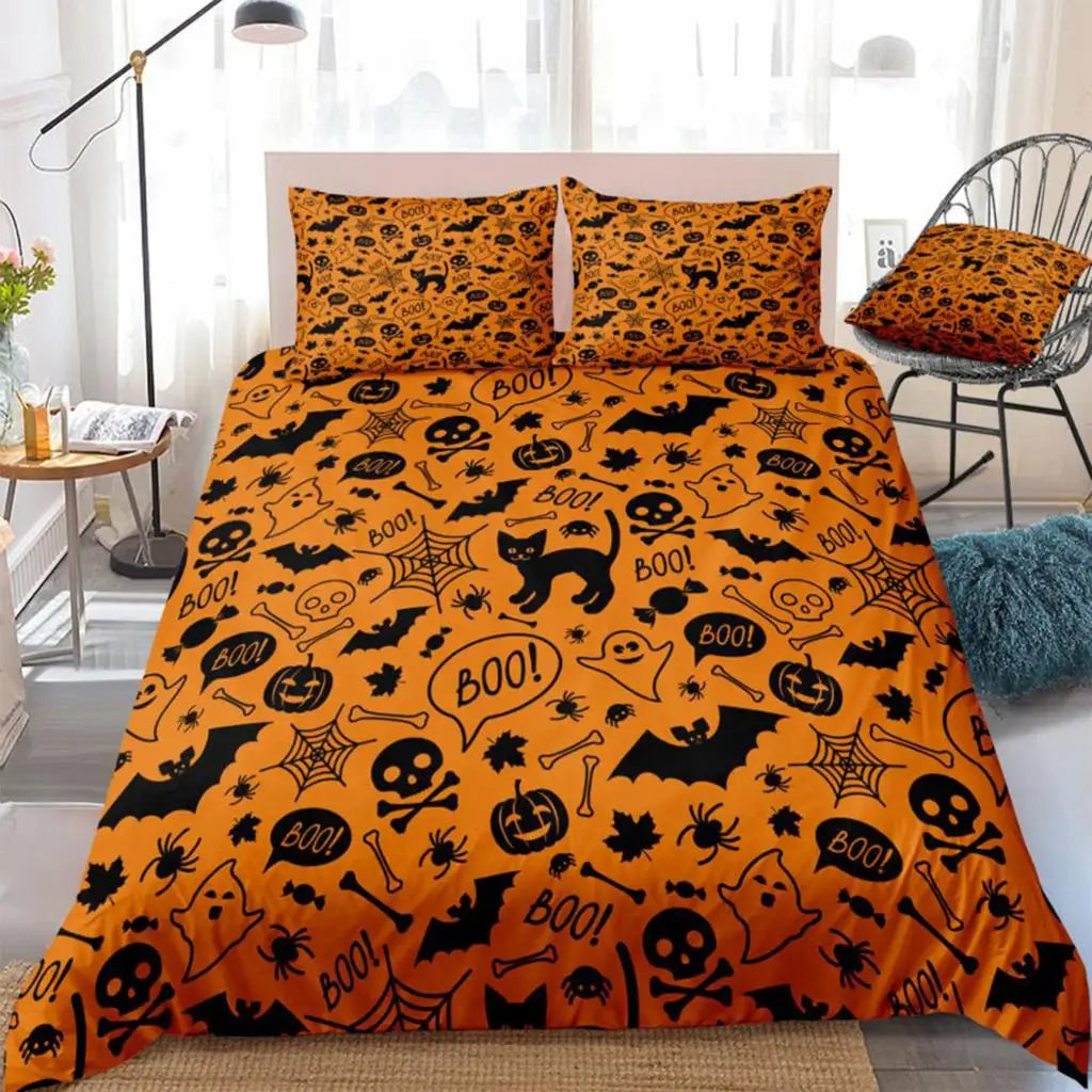 3pcs Halloween Bedding Set Orange Quilt Cover Bats Skull Duvet Cover King Dropship Spider Bed Set Black Cartoon Kids Boys Girls