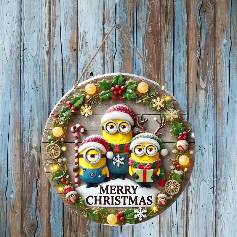 1PC Christmas Minions Themed Wooden Sign Decoration for Home Door Hanger Wall Hanging Winter New Year 2025 Decoration